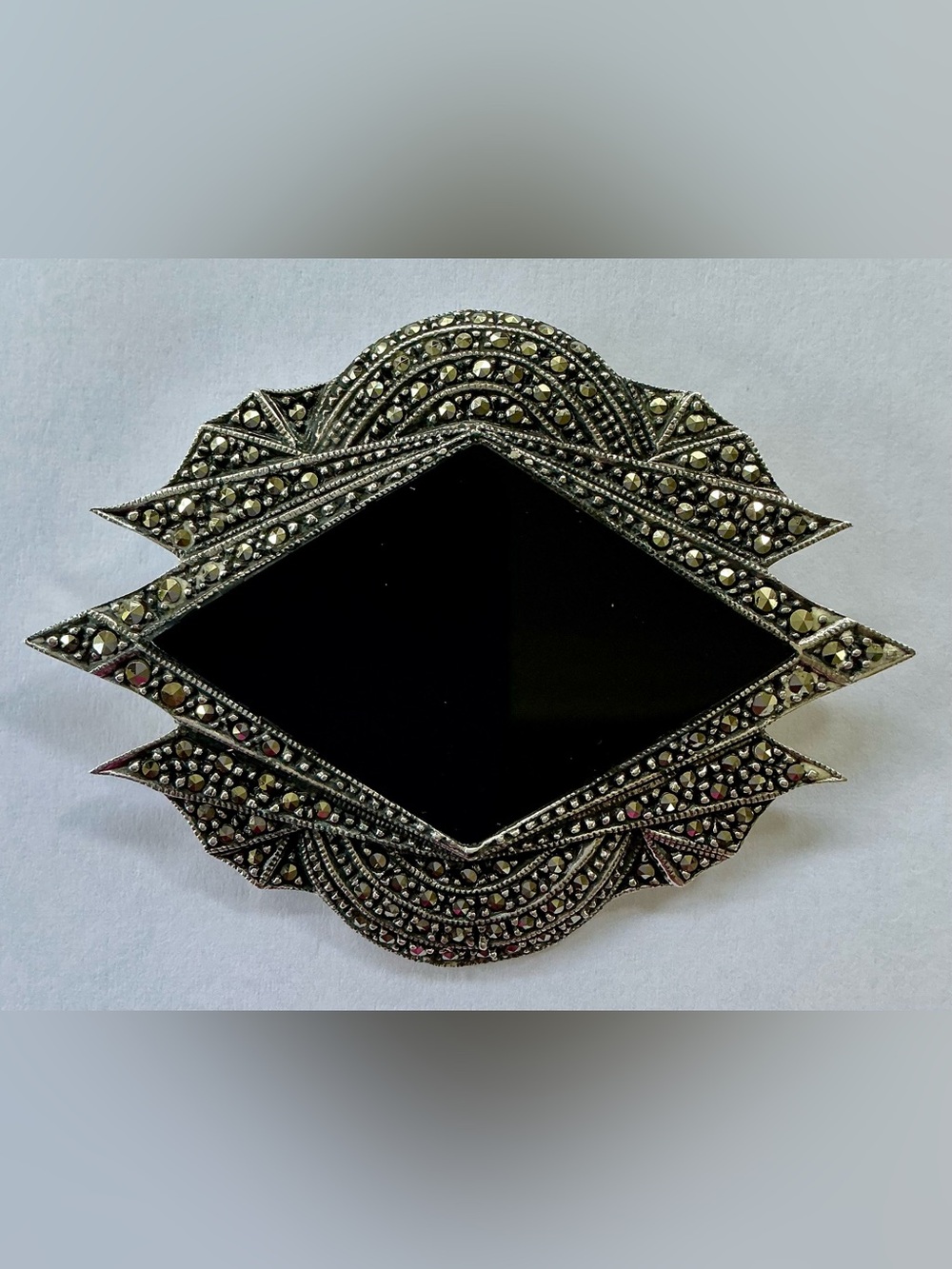 Vintage-Inspired Black Onyx and Sterling Silver Marcasite Brooch